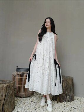 KUOSE Embroidered Inverted Tank Tiered Ribbon Maxi Dress